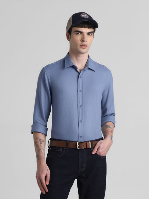 Blue Dobby Cotton Full Sleeves Shirt